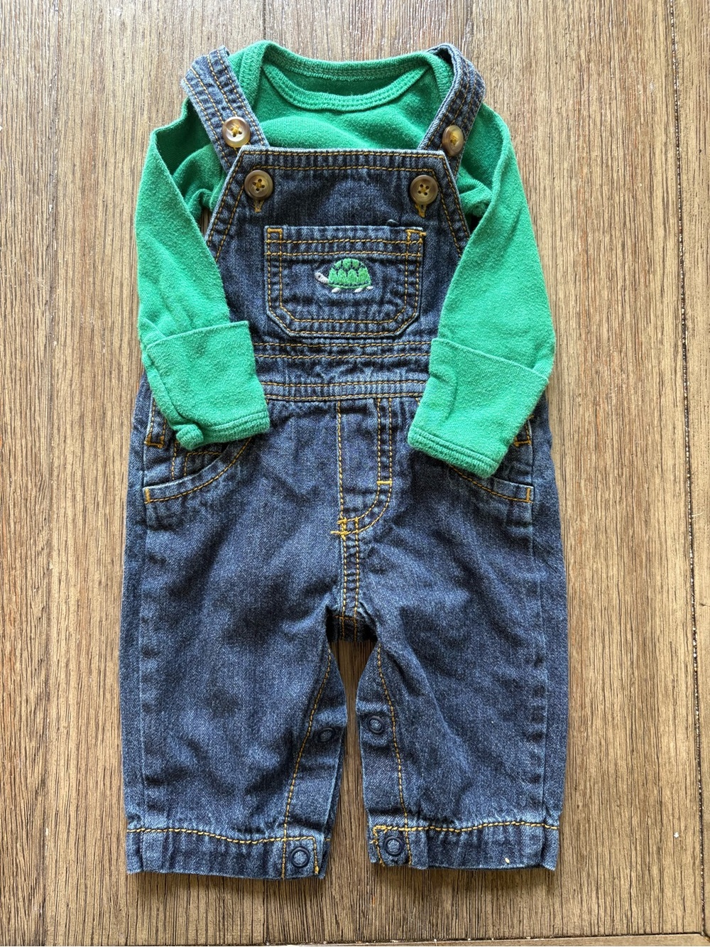 Carter’s NB Baby Denim Overalls with Green Bodysuit - Cute Turtle Pocket